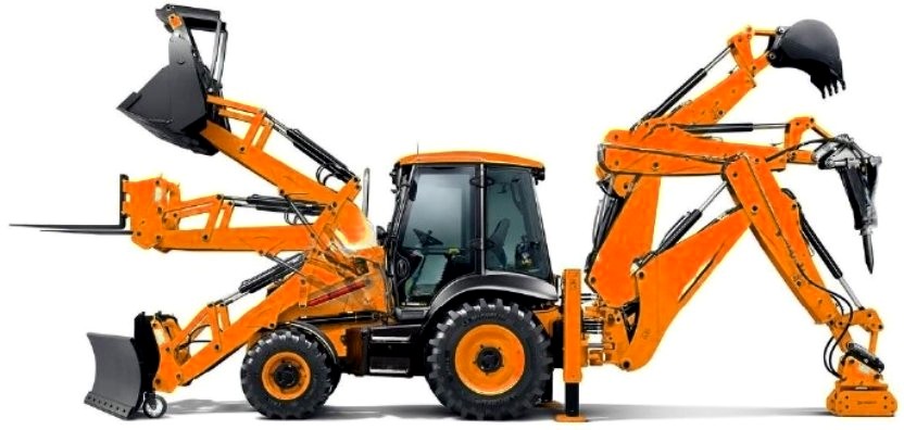 Orange backhoe loader fitted with multiple attachments