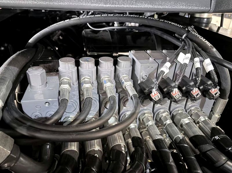 Hydraulic valve block with color-coded hoses — backhoe loader