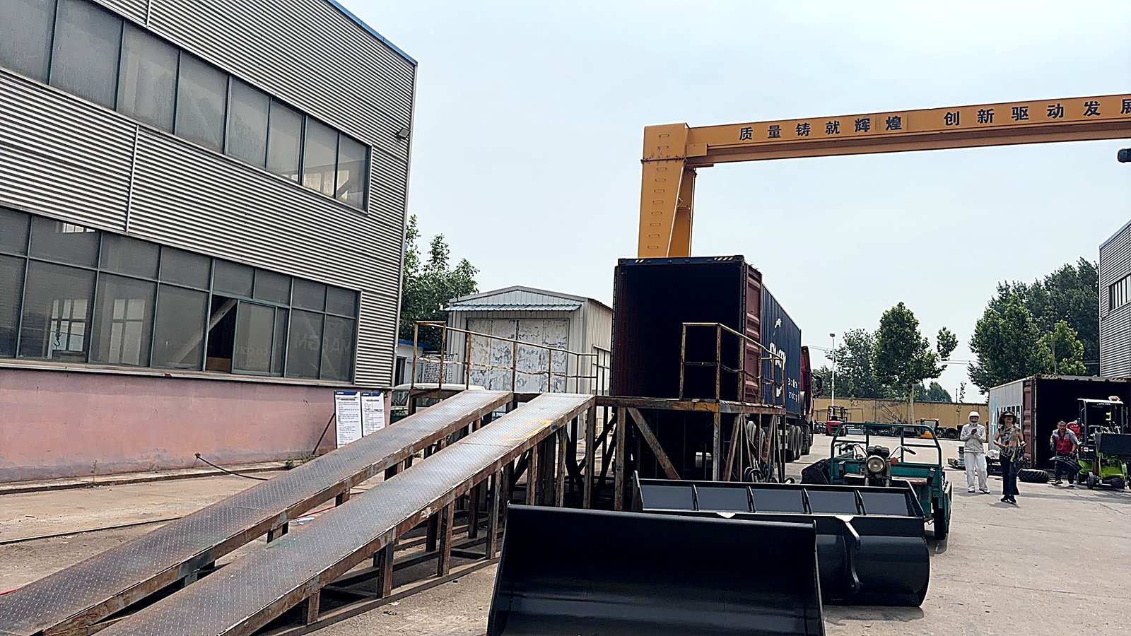 Machinery being secured in a shipping container